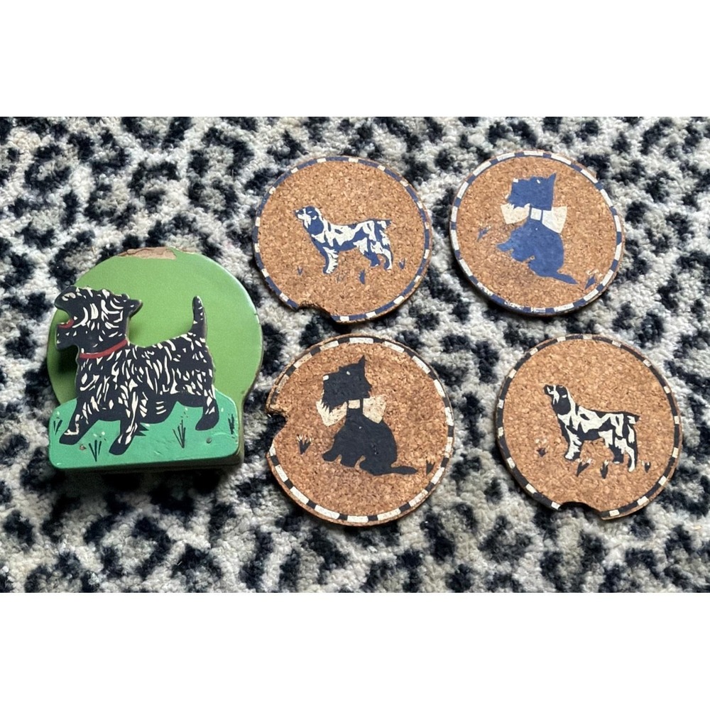 VTG‎ Bowling Green KY Scottie Dog Cork Coaster Set  Souvenir Folk Art READ!